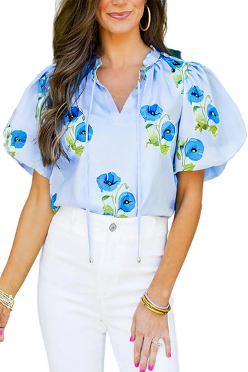 Sky Blue Floral Print Tie Split Neck Short Puff Sleeve Blouse