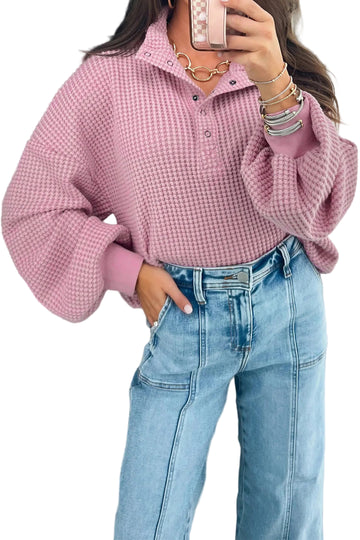 Light Pink Solid Color Textured Snap Button Collared Baggy Top