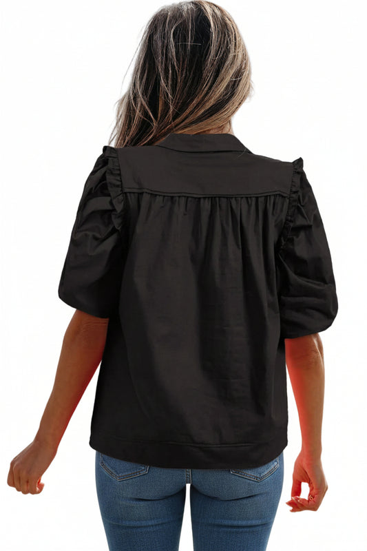 Black Frilly Puff Sleeve Stylish Collared Shirt