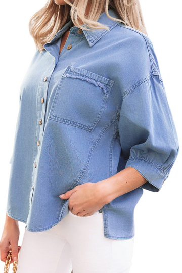 Myosotis Washed Drop Shoulder Bracelet Sleeve Chambray Shirt