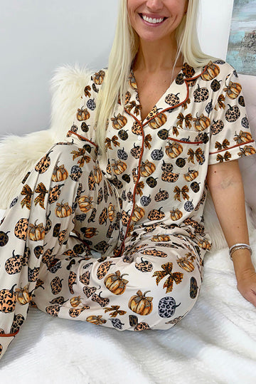 Beige Leopard Pumpkin Allover Halloween 2pcs Pajama Set