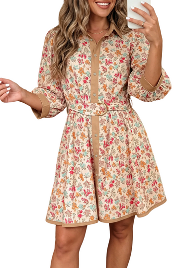 Orange Floral Print Color Block Trim Button Down 3/4 Sleeve Belted Mini Dress