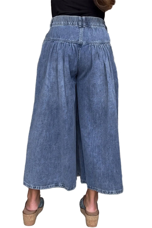 Dusk Blue High Rise Buttons Pleated Cropped Wide Leg Denim Pants
