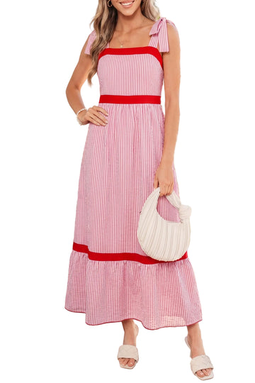 Red Stripe Bow Knot Straps Contrast Trim High Waist Ruffle Hem Maxi Dress