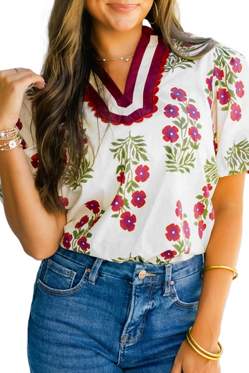 White Floral Short Bubble Sleeve Contrast Slit Neckline Blouse