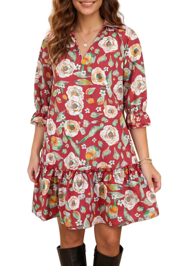 Red Floral Print Half Sleeve Short Shift Dress