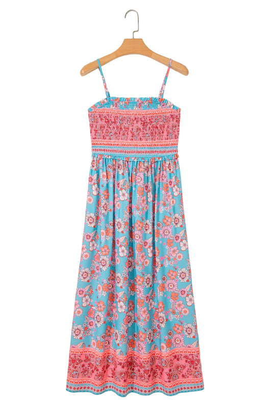 Sky Blue Bohemian Ethnic Print Spaghetti Straps Vacation Maxi Dress