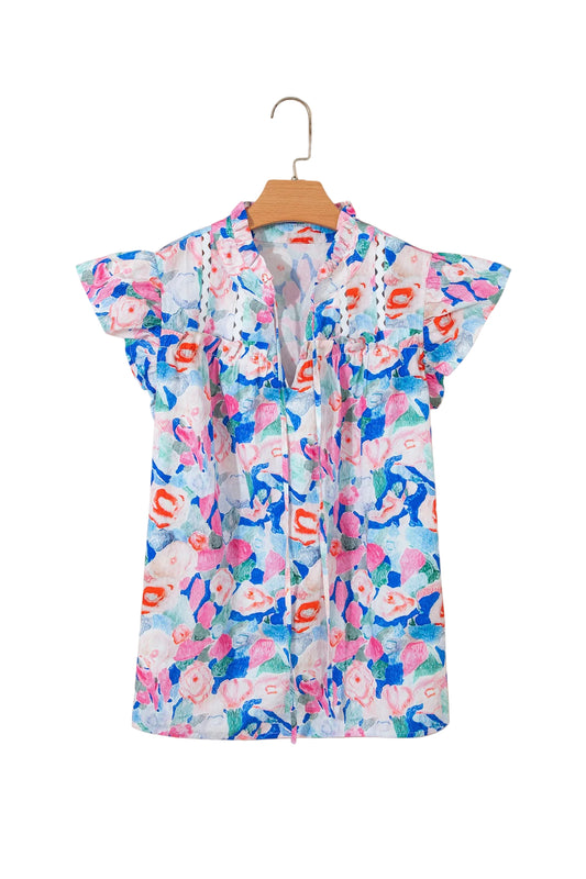 Pink Floral Print Tie V Neck Contrast Detail Ruffle Short Sleeve Blouse