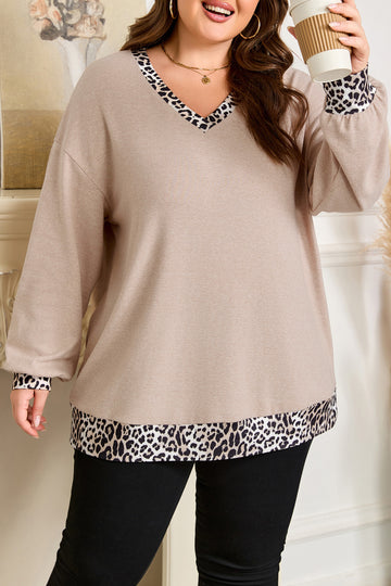 Parchment Leopard Patchwork V Neck Long Sleeve Plus Size Top