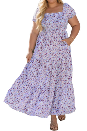 Purple Plus Size Floral Print Square Neck Smocked Maxi Dress