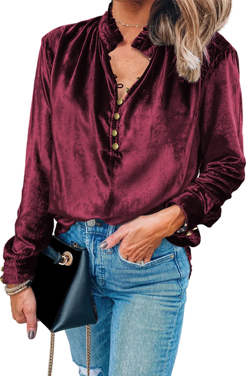 Burgundy Frilled Neck Buttoned Front Velvet Top
