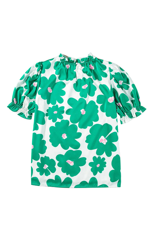 Green Floral Puff Sleeve Frill Neckline Blouse