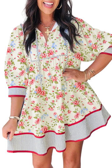 Apricot Striped Edge 3/4 Puff Sleeve Floral Dress