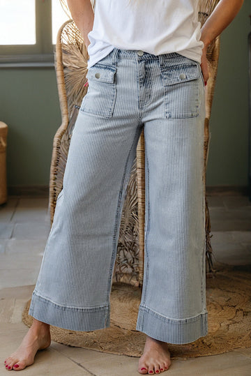 Sky Blue Stripe Button Flap Pocket Cuffed Hem Wide Leg Jeans