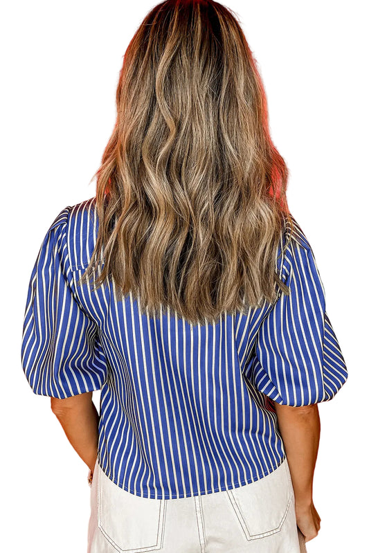 Blue Stripe Tied Front Puff Short Sleeve Blouse