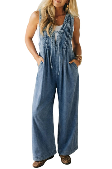 Dusk Blue Acid Wash Pintuck Tie V Neck Denim Wide Leg Jumpsuit