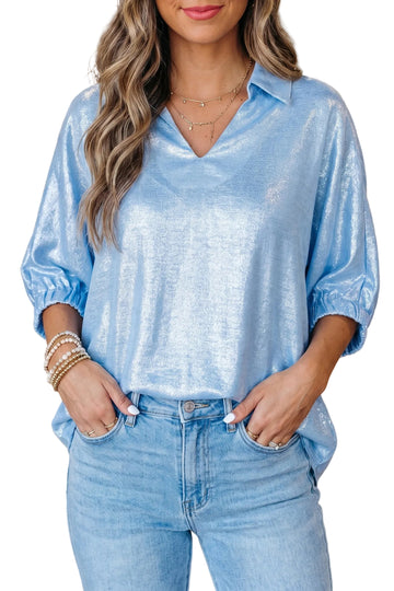 Myosotis Collared V Neck Half Sleeve Metallic Top