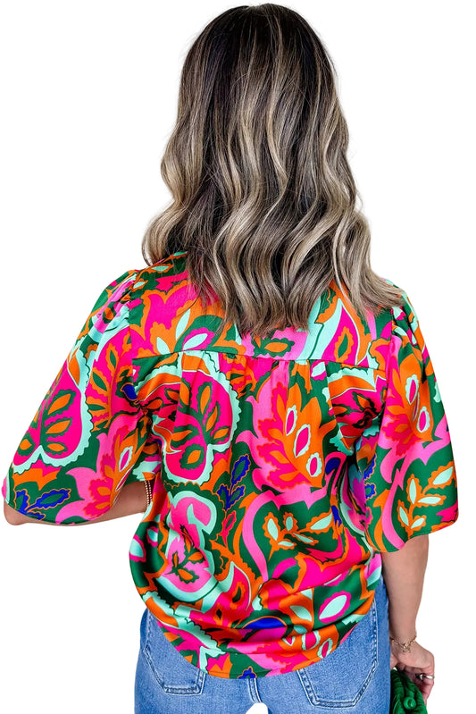 Rose Summer Plant Print Lace up V Neck Short Sleeve Blouse