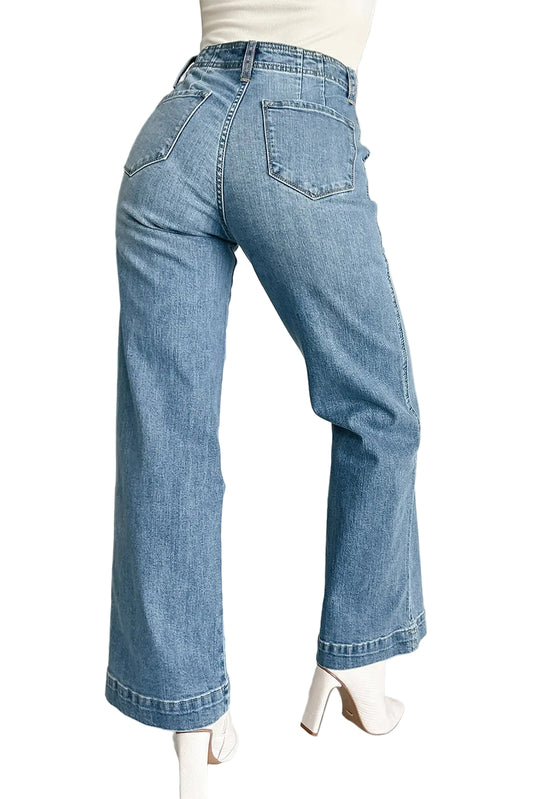 Dusk Blue Multi Buttons Medium Wash Straight Loose Leg Jeans