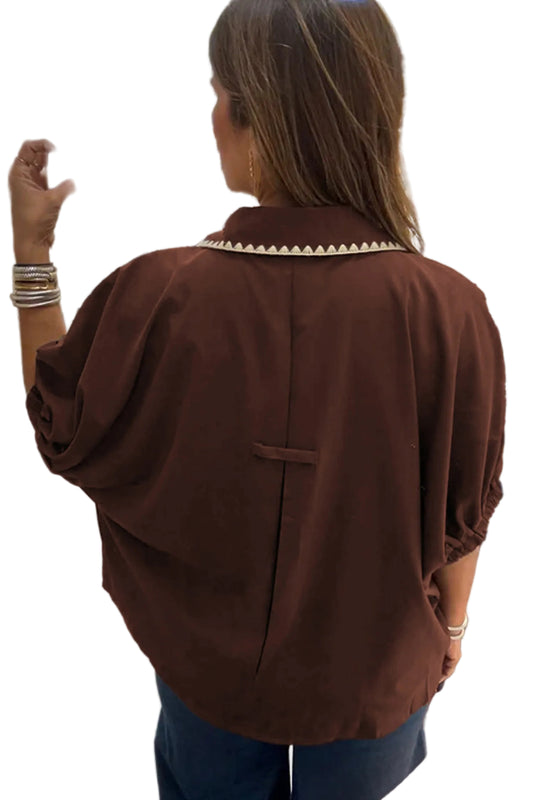 Coffee Shirt Collar Contrast Trim Button V Neck Short Sleeve Blouse