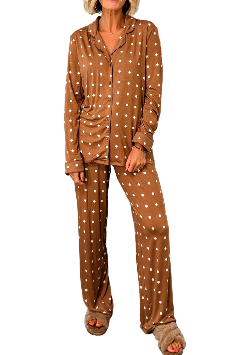 Brown Polka Dot Print Long Sleeve Shirt Pant 2pcs Pajama Set
