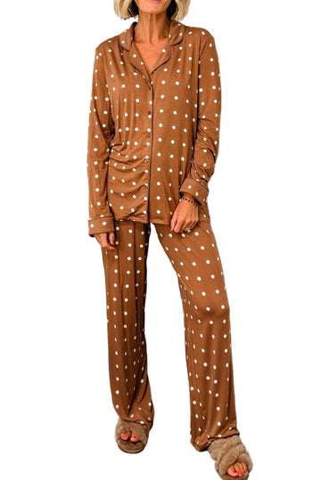 Brown Polka Dot Print Long Sleeve Shirt Pant 2pcs Pajama Set