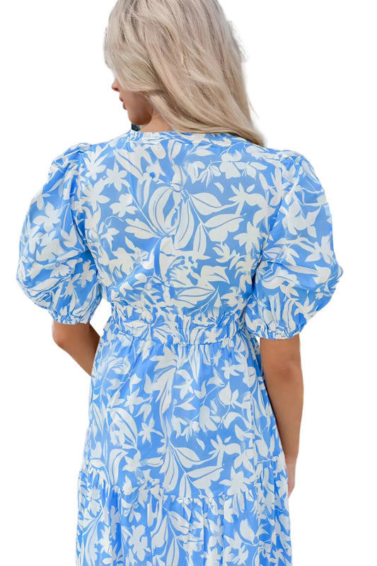 Sky Blue Floral V Neck Puff Short Sleeve Flowy Long Dress