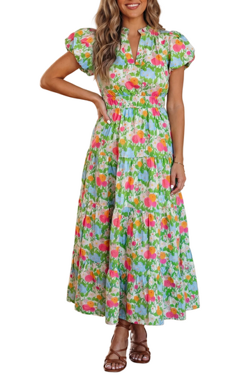 Green Floral Print V Neck Short Puff Sleeve Cotton Maxi Dress