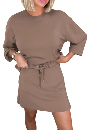 Coffee Solid Color Drop Shoulder Pullover Drawstring Mini Skirt 2pcs Outfit