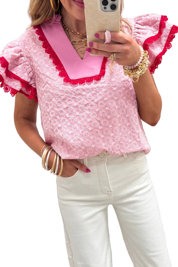 Pink Eyelet Embroidered Flower Texture Contrast Lace Trim Flutter Sleeve Blouse