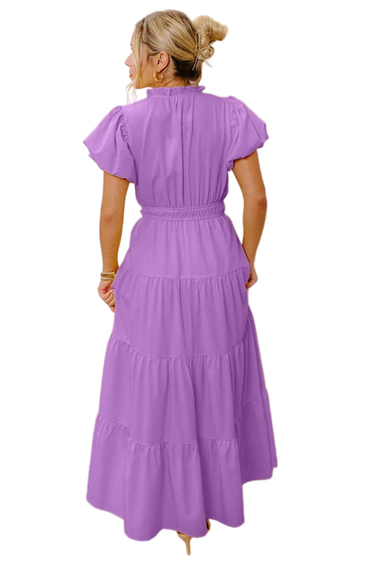 Lavendula Solid Color V Neck Short Puff Sleeve High Waist Tiered Maxi Dress