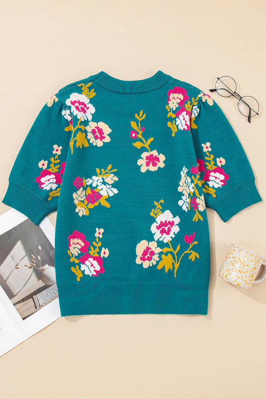 Blue Flower Pattern Mock Neck Short Sleeve Knitted T Shirt