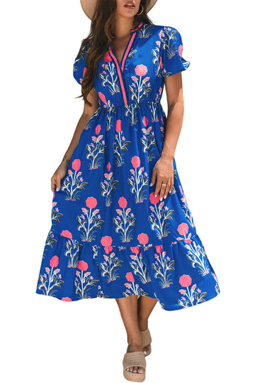 Sky Blue Floral Puff Short Sleeve V Neck High Waist Maxi Dress