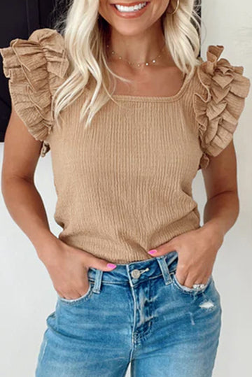 Khaki Ruffled Tiered Sleeve Square Neck Textured Top