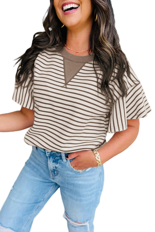 Parchment Contrast Detail Striped Ruffle Short Sleeve Top