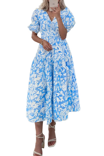 Sky Blue Floral V Neck Puff Short Sleeve Flowy Long Dress