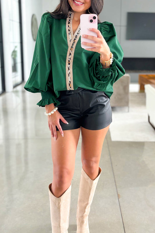 Evergreen Puffy Flounce Sleeve Leopard Trim V Neck Blouse