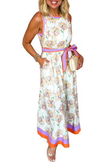 White Floral Print Color Block Trim Belted Sleeveless Maxi Dress