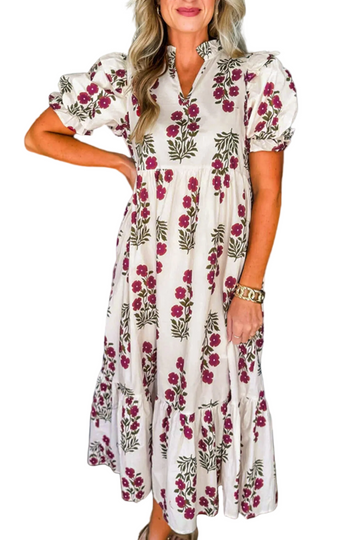 Beige Floral Short Bubble Sleeve Tiered Maxi Dress