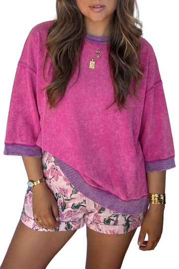 Strawberry Pink Mineral Wash Color Block Trim Bracelet Sleeve Pullover Top