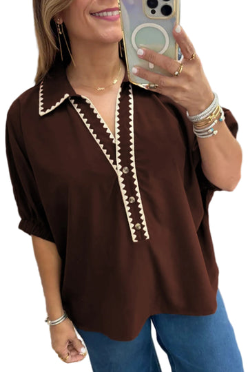 Coffee Shirt Collar Contrast Trim Button V Neck Short Sleeve Blouse