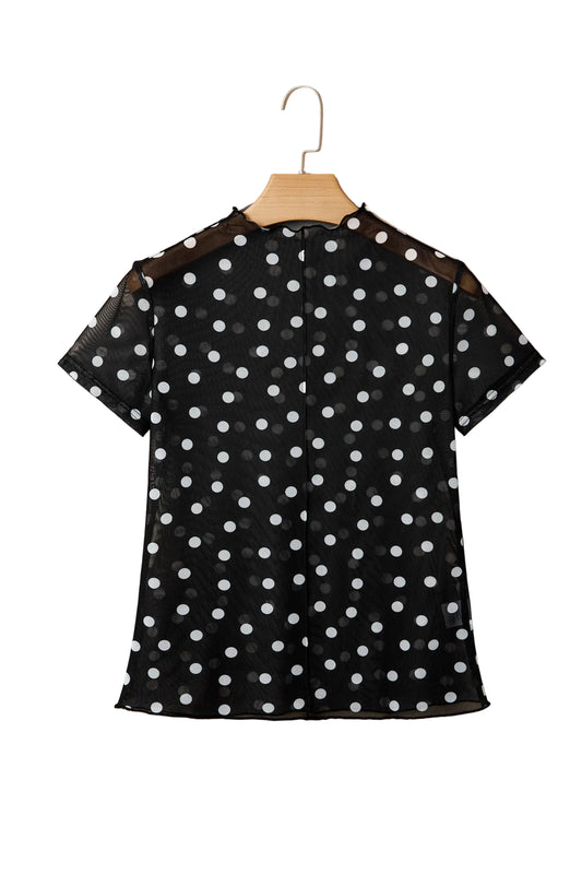 Black Polka Dot Printed High Neck Sheer Mesh Tee