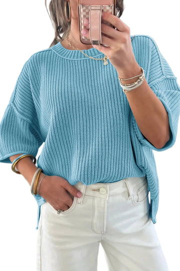 Mist Blue Exposed Seam Detail Half Sleeve Loose Sweater