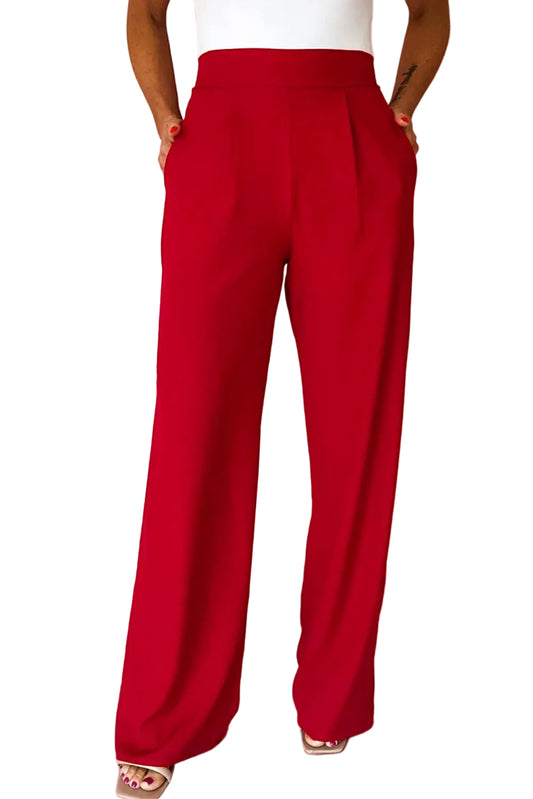 Fiery Red Pleated Detail Pull On High Elastic Waist Loose Straight Pants