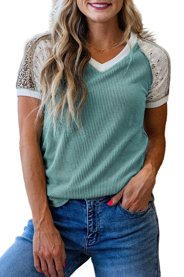 Green Bay Color Block Lace Leopard Patchwork Twisted Ribbed Tee