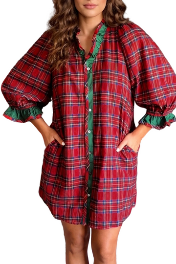 Red Plaid Ruffle Cuff Button Front Pocket Mini Dress