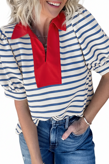 Blue Stripe Short Puff Sleeve Color Block Polo Collar Blouse