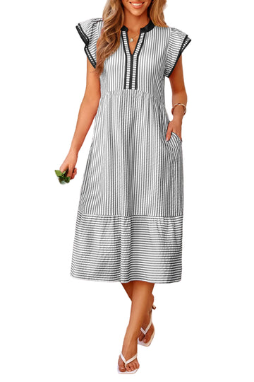 Black Stripe Contrast Trim V Neck Flutter Sleeve Casual Long Dress