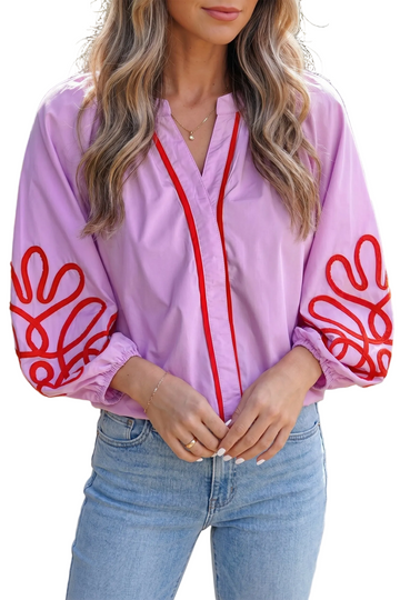 Orchid Bouquet Contrast Detail Long Sleeve Decorative Neckline Cotton Blouse