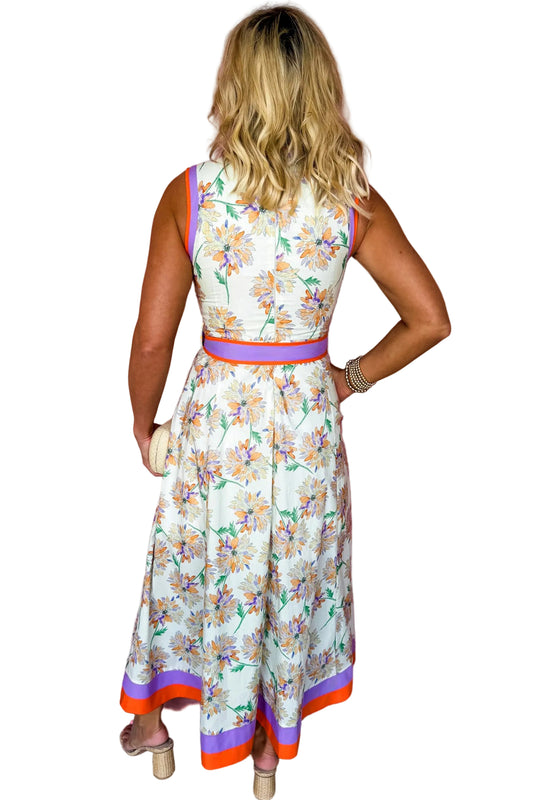White Floral Print Color Block Trim Belted Sleeveless Maxi Dress